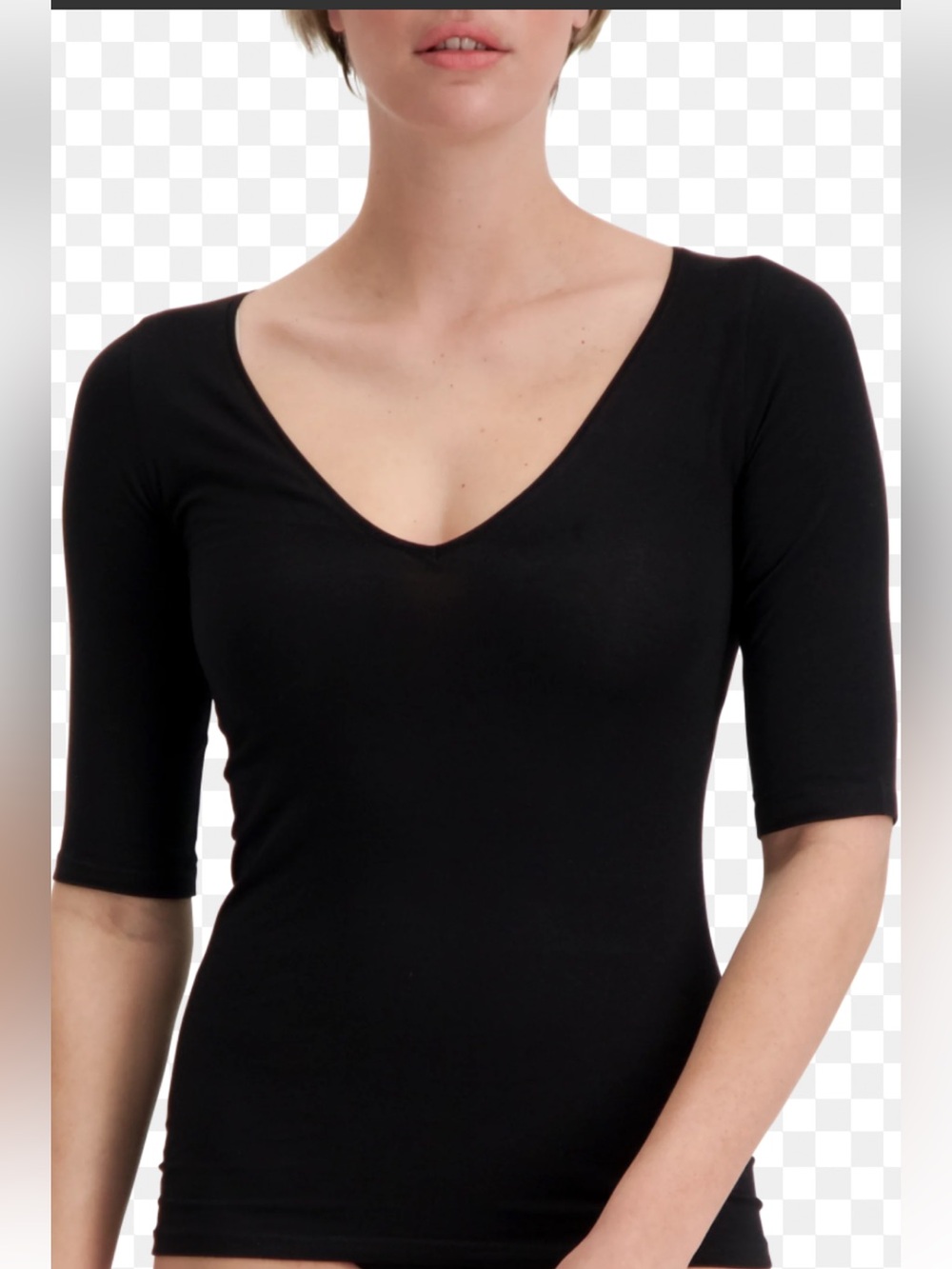Stem black V-neck top with three-quarter sleeves.Super Flattering